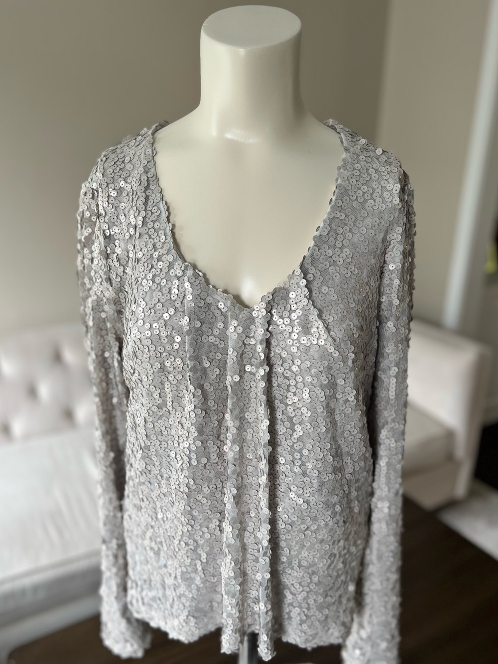 NWT Evereve Allison Joy Matte Sequin Top Small Off-White Long Sleeve V-Neck